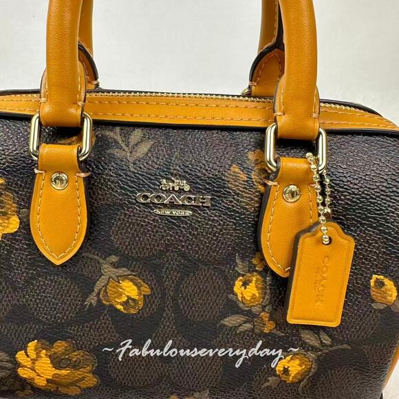Coach Mini Rowan Crossbody Bag Sig Canvas With Floral Print CCF31 Walnut/Yellow - Picture 5 of 9